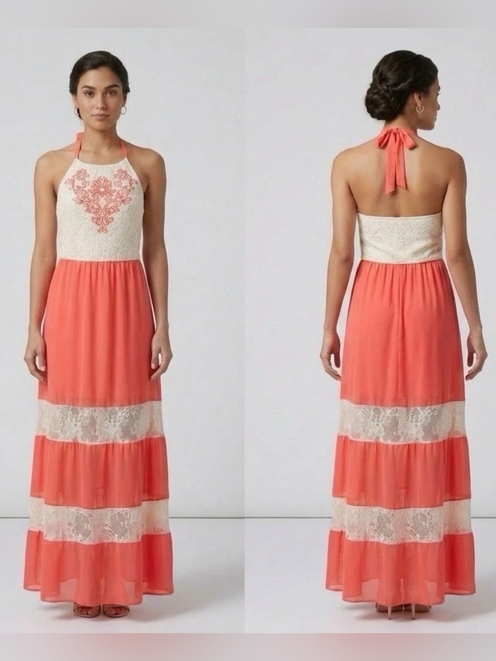 Flying Tomato Halter Boho Floral Maxi Sundress Sz L Embroidered Lace Whimsical